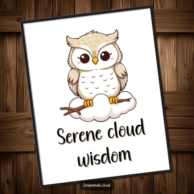 Funny Owl Digital Art Print: A wise owl smiles serenely on a cloud, radiating peace and gentle humor, offering instant calm and whimsical décor.
