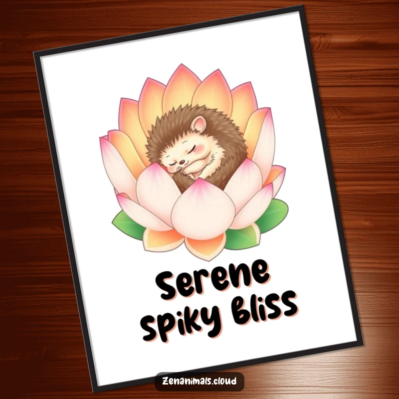 Funny Hedgehog Digital Art Print: A sleepy hedgehog rests peacefully within a blooming lotus flower, creating a tranquil and serene atmosphere.