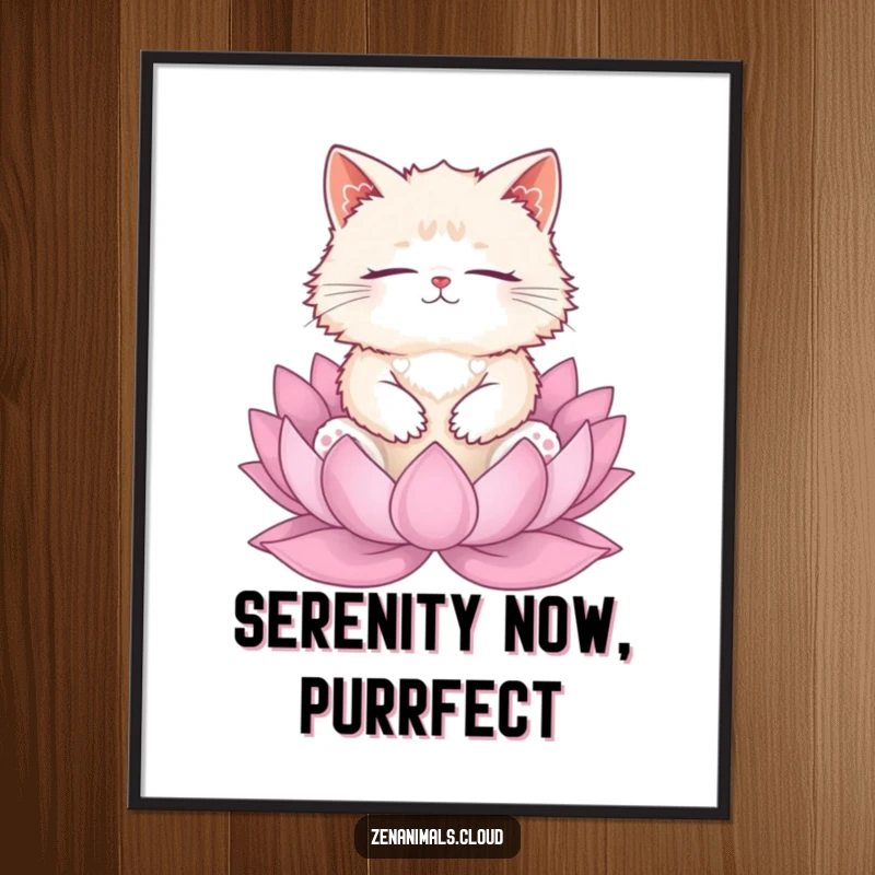 Funny cat meditation digital art print of a fluffy cat on a lotus, instantly downloadable for serene decor.
