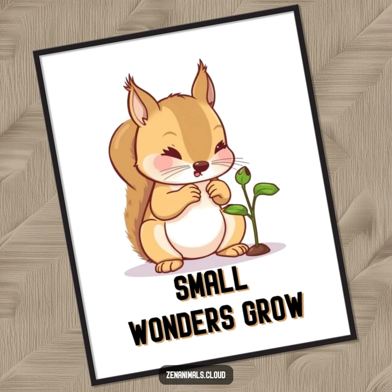 Funny Squirrel Digital Art Print: A humorous illustration of a curious squirrel examining a tiny sprout, ready for instant download.