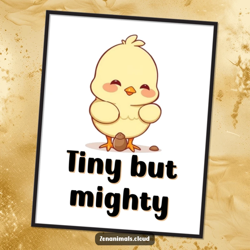 Funny chick character happily pecking a tiny seed with a soft smile, presented as cute, humorous digital art.