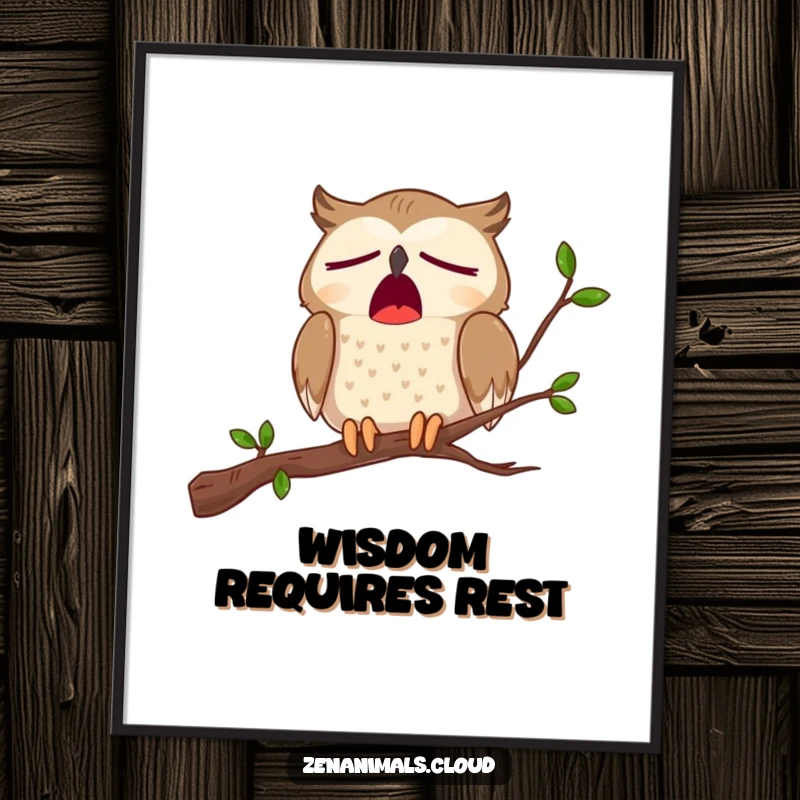 Funny digital art print of a cartoon owl perched on a branch, caught mid-yawn with its eyes closed, looking utterly exhausted.