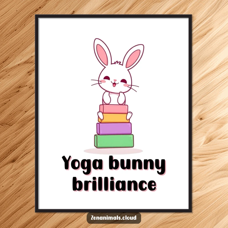 Funny bunny yoga digital art print of a cheerful rabbit balancing yoga blocks, instantly downloadable for humorous decor.