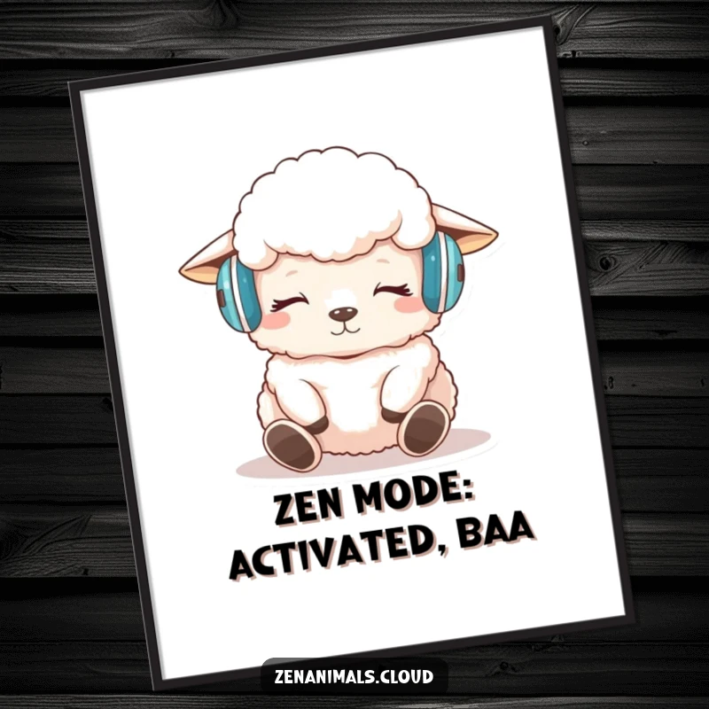 Funny sheep meditation digital art download showing a sheep with headphones peacefully meditating, ideal for serene decor.