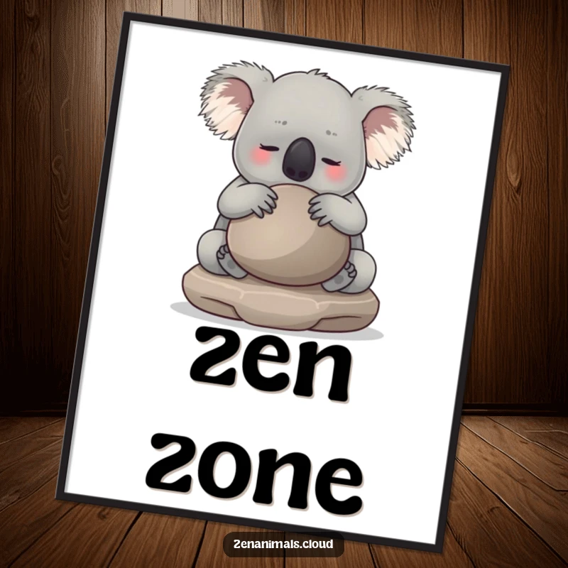 Funny koala hugging a smooth, round meditation stone as a digital art print. Offers instant, humorous, and peaceful wall decor.
