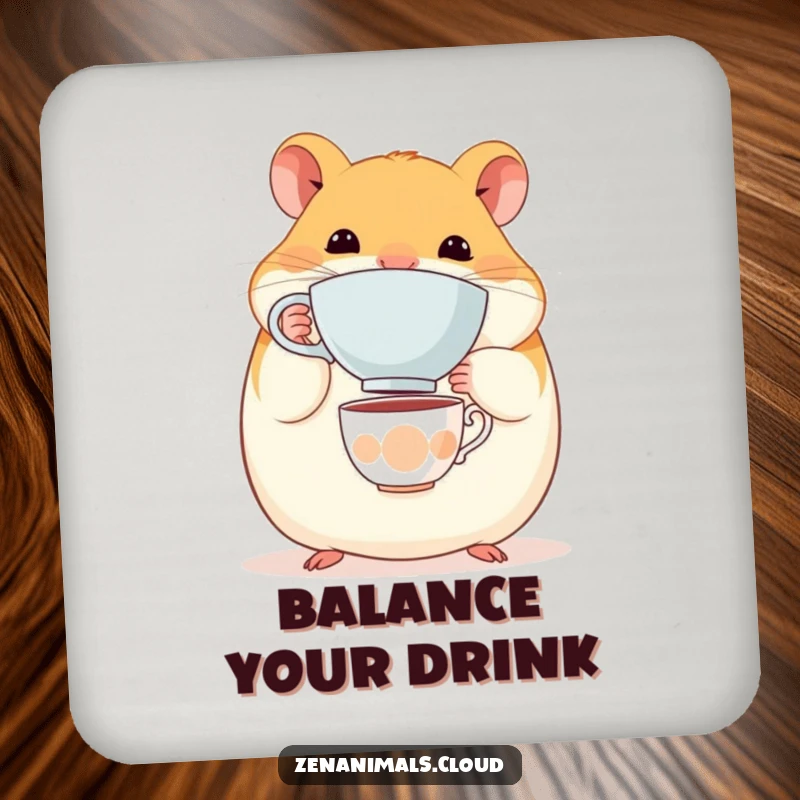 Funny Hamster Coasters: A round, content hamster balancing a tiny teacup on its nose, protecting surfaces with humor.