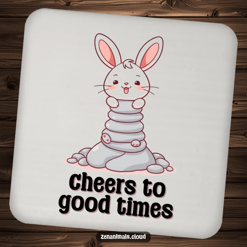 Funny drink coaster featuring a cheerful bunny balancing a tall stack of pebbles, adding playful charm.