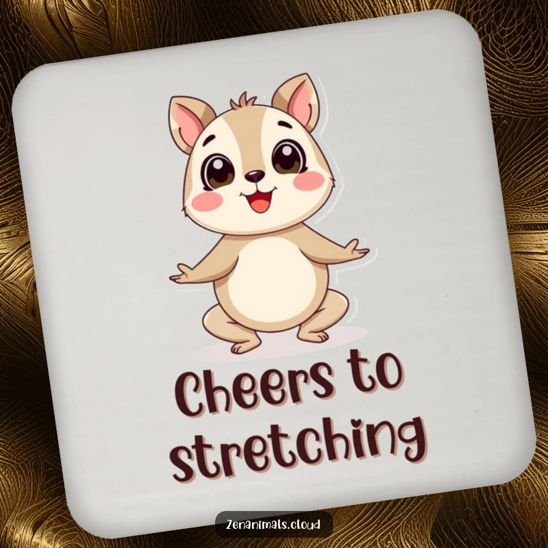 Funny yoga animal coaster showing a round, happy creature enthusiastically doing a yoga pose with wide, joyful eyes, adding cheer to any table.