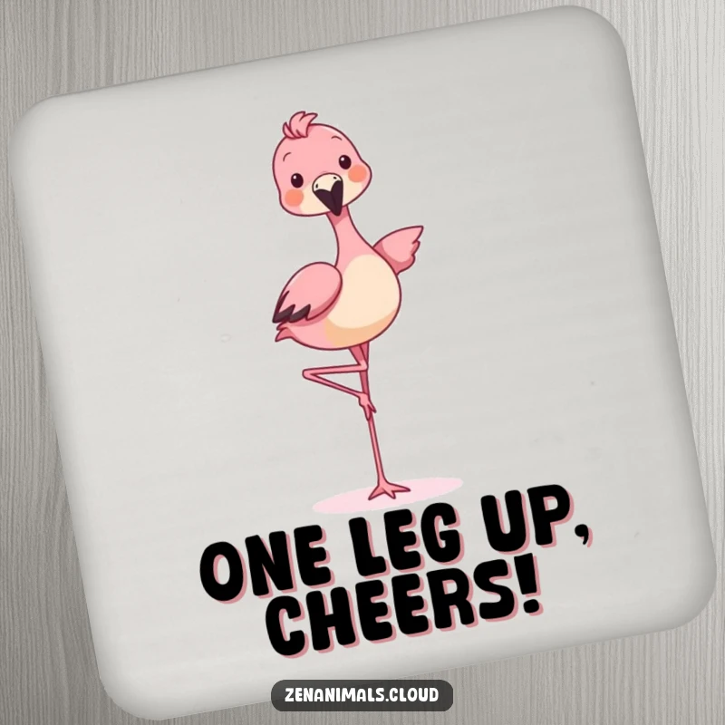Funny animal balancing on one leg like a flamingo on a protective drink coaster.
