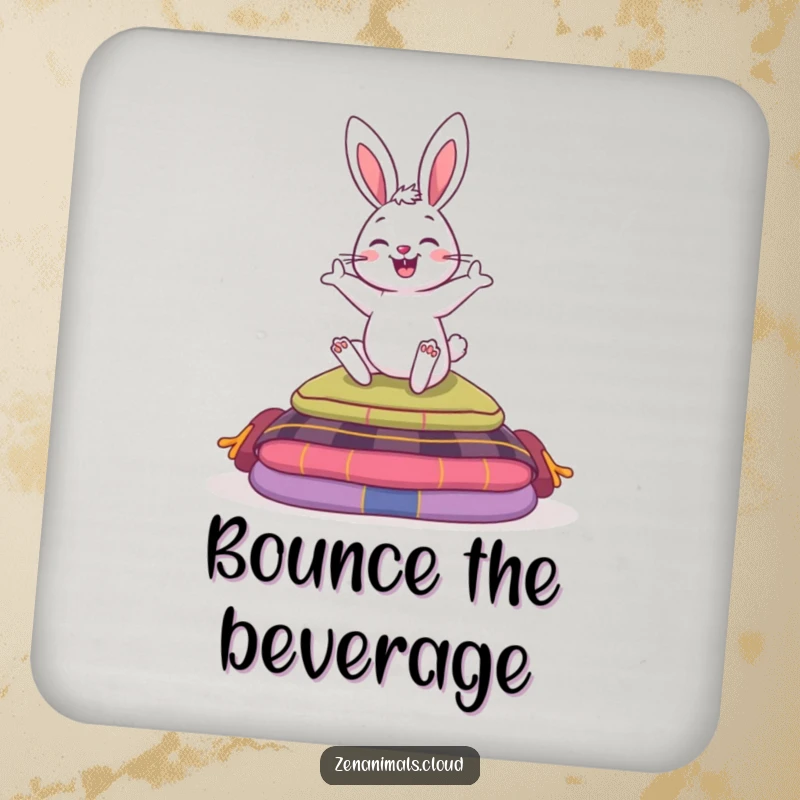 Funny drink coaster with a bouncy bunny hopping over meditation cushions, adding a touch of humor and peaceful charm to surface protection.