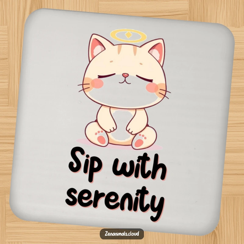 Funny cat meditation drink coasters, set protecting surfaces with a meditating cat and halo, humorous and functional.