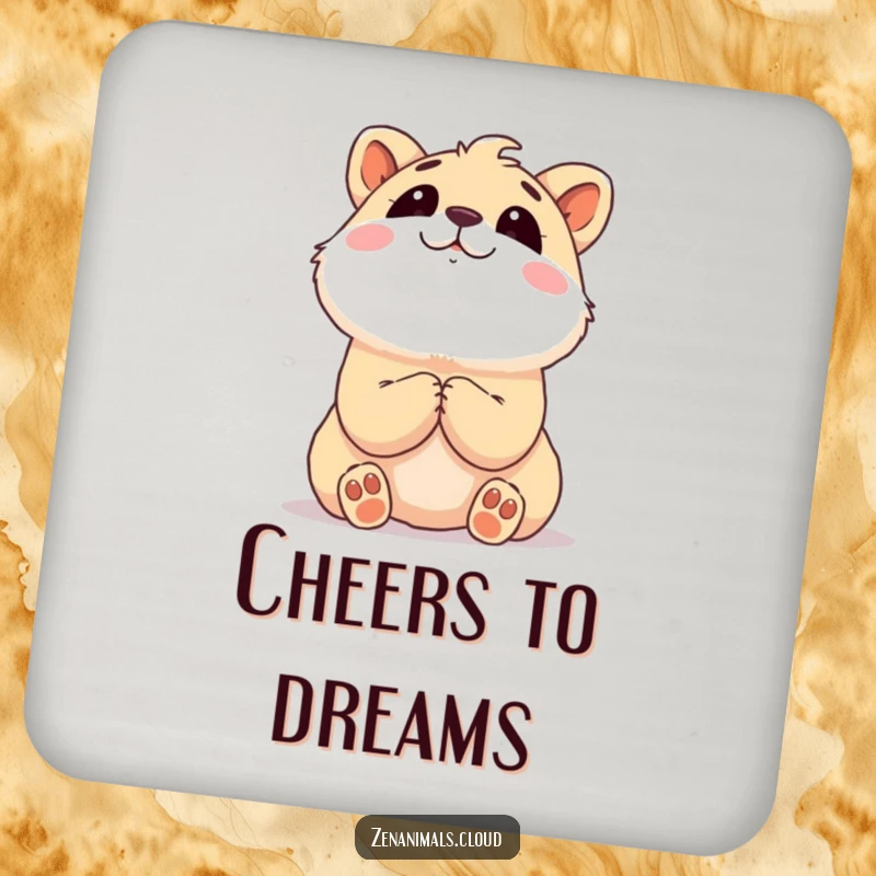 Funny animal with clasped paws looking upwards dreamily on a protective drink coaster.