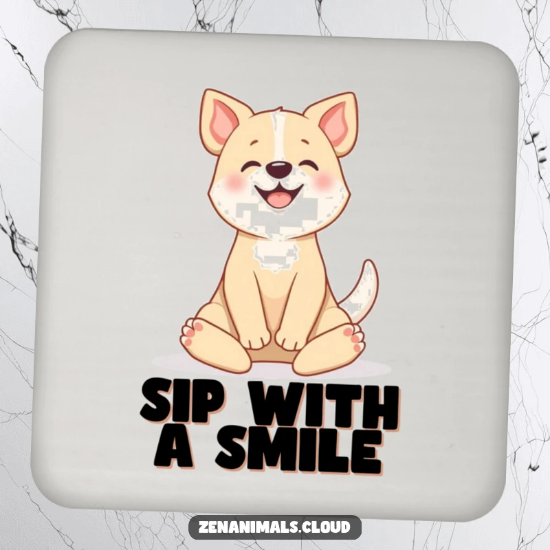 Funny drink coaster featuring a happy dog in a serene lotus position, tail wagging, protecting surfaces with whimsical humor.