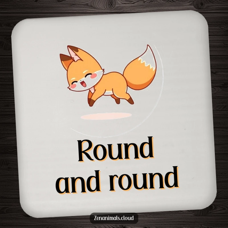 Funny drink coaster illustrating a cartoon fox comically spinning in a circle while chasing its own tail.