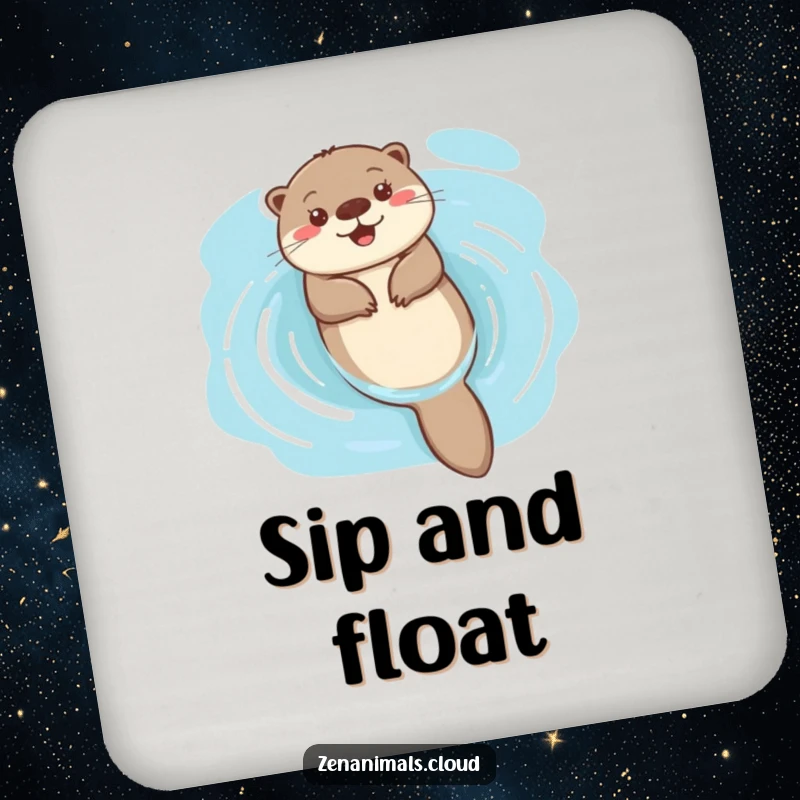 Funny happy otter floating on water coasters, a set providing serene protection with joyful decor.