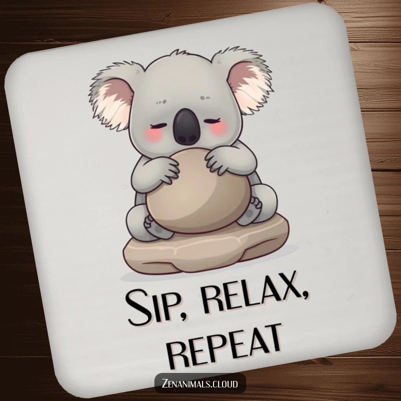 Funny koala hugging a smooth meditation stone on a drink coaster. Protects surfaces with humor and charm for any table.