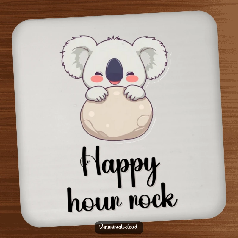 Funny Coaster featuring a joyful koala hugging a smooth stone, eyes wide with delight, protecting surfaces with cheerful charm.
