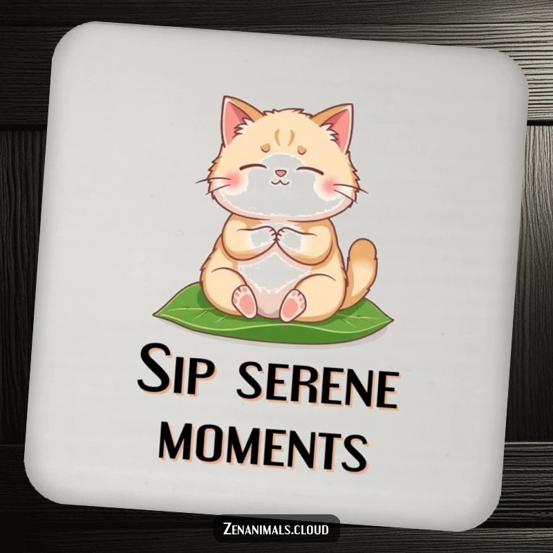 Funny Coaster featuring a round, fluffy cat meditating peacefully on a leaf, protecting surfaces with humor.