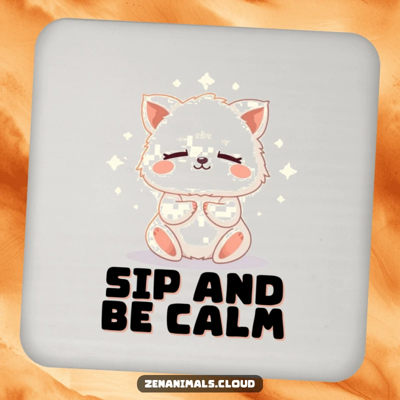Funny meditation animal coaster featuring a tiny, fluffy creature meditating peacefully, radiating a soft glow, adding zen to any table.