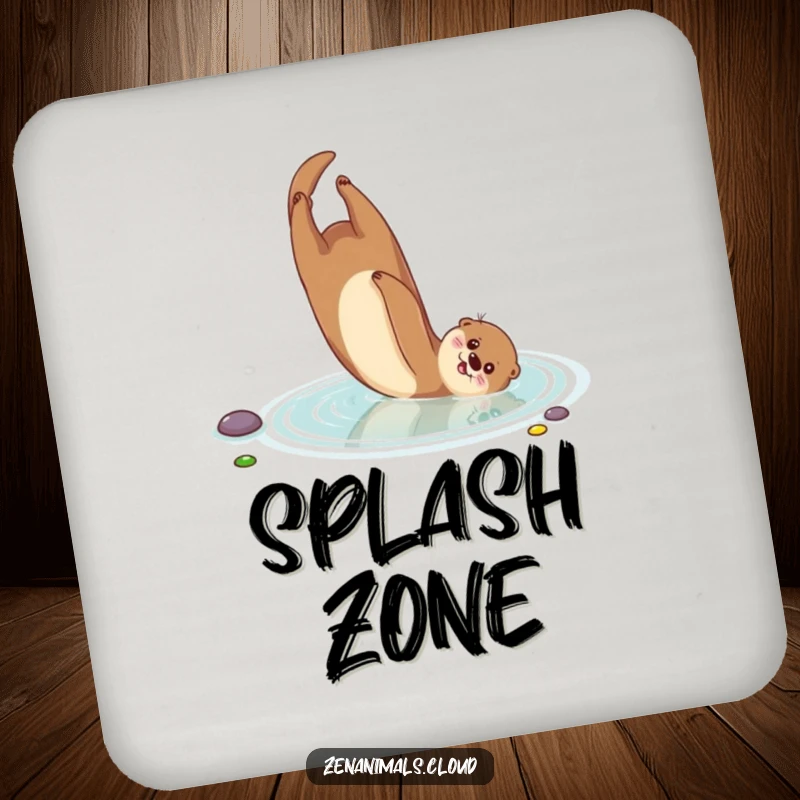 Funny Otter Coasters: A playful otter somersaults in a serene pond, offering surface protection and a dose of aquatic humor.