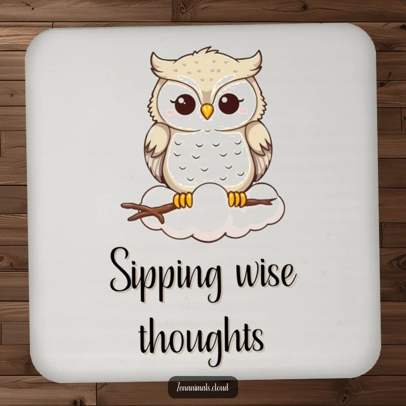 Funny Owl Coasters: A serene owl smiles peacefully on a cloud, protecting surfaces with wisdom and gentle, humorous charm.