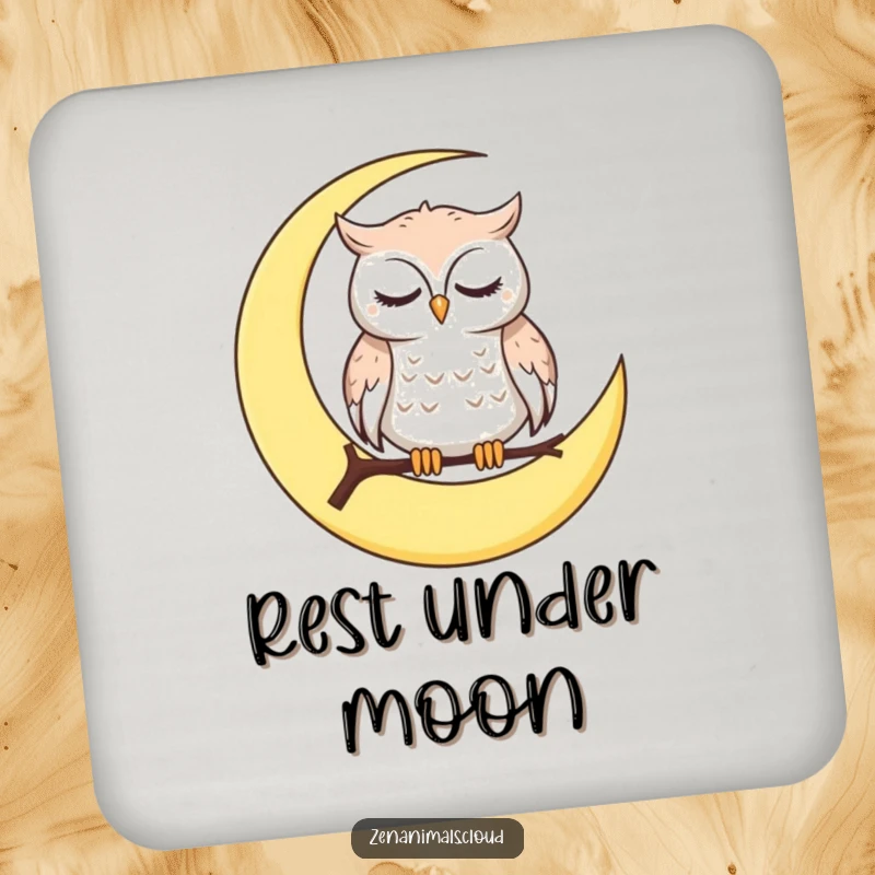 Funny Coaster featuring a calm owl on a crescent moon, blinking slowly, protecting tables with a touch of serene humor.