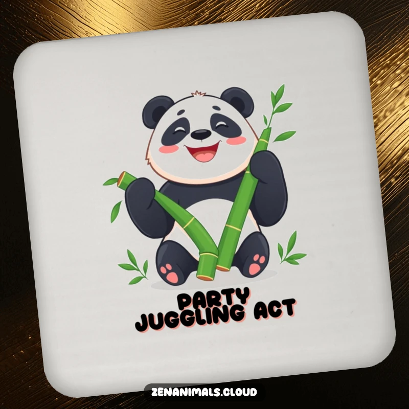 Funny Panda Coaster: Happy panda juggling bamboo shoots with a wide grin, protecting surfaces with humor.