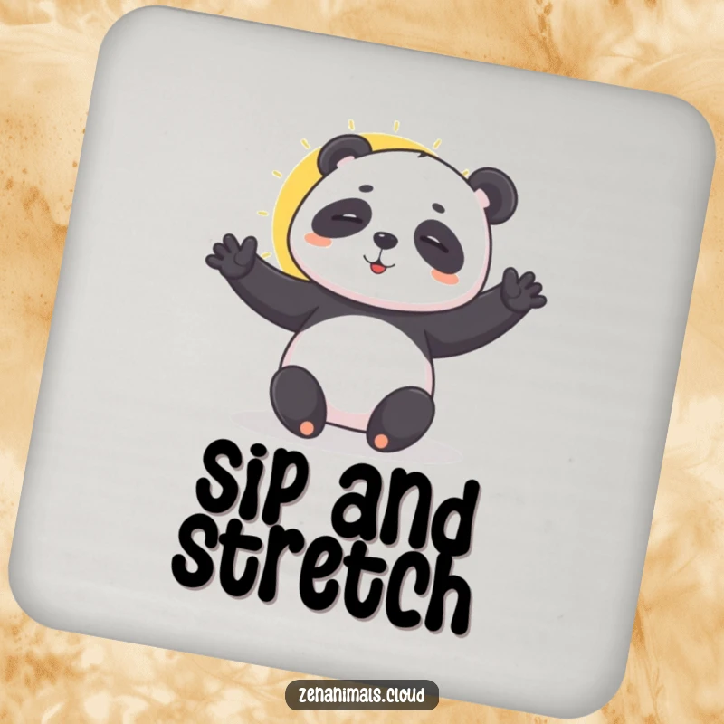 Funny playful panda doing a sun salutation coasters, a set providing zen protection and gentle decor.