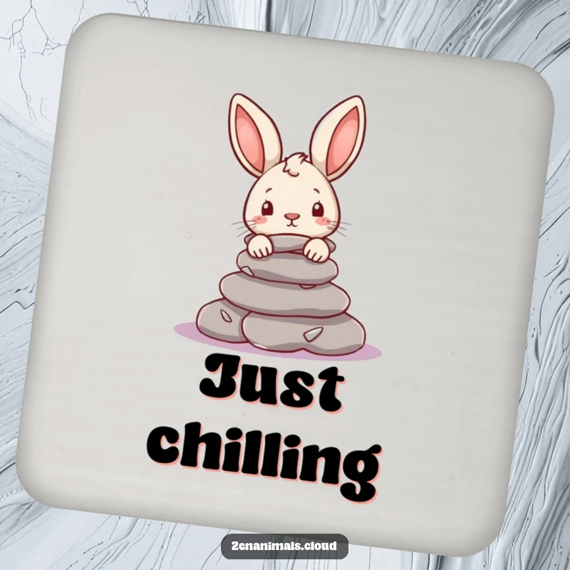 Funny Rabbit Coasters: A curious rabbit peeks from behind smooth river stones, offering protection and a humorous conversation starter.