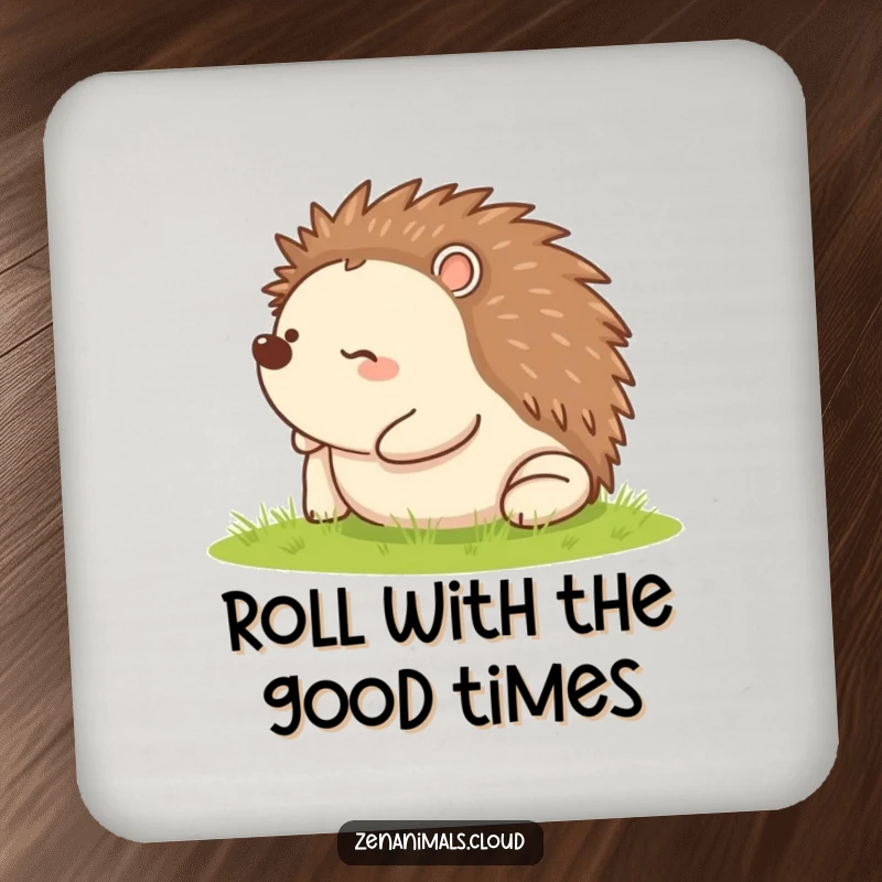 Funny coasters featuring a happy hedgehog rolling on its back, adding a touch of cute humor to table protection.