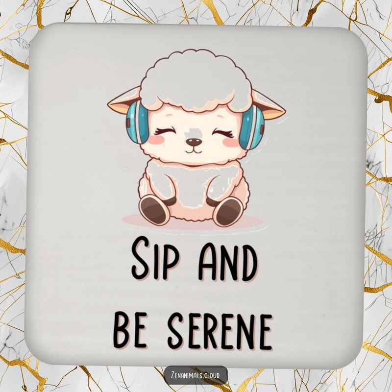 Funny sheep meditation drink coasters with a design of a sheep wearing headphones, meditating peacefully, adding calm.