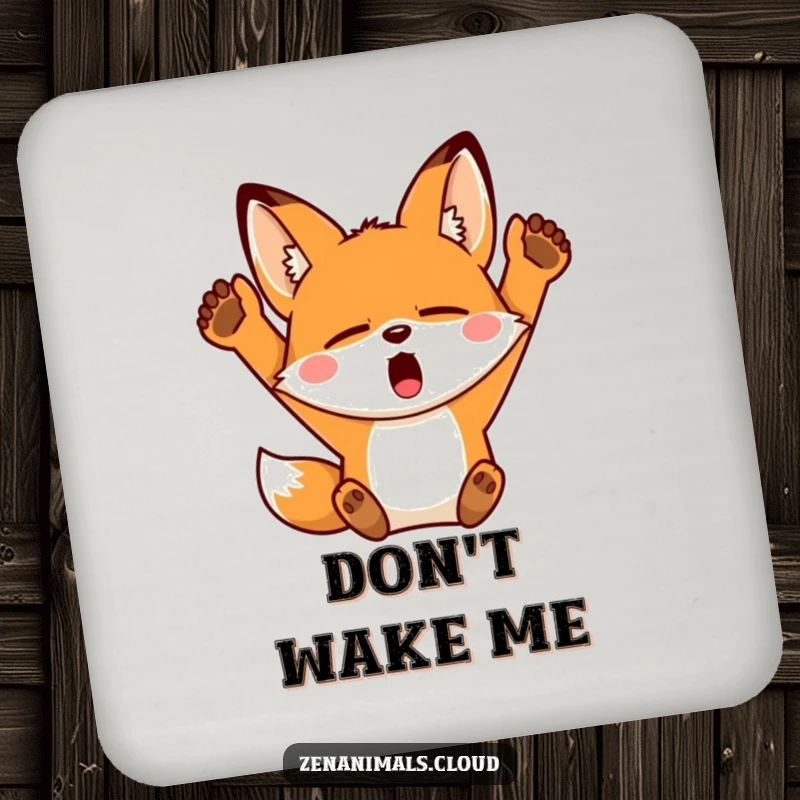 Funny Fox Coasters: A sleepy fox yawning widely and stretching its arms upwards, protecting surfaces with humor.