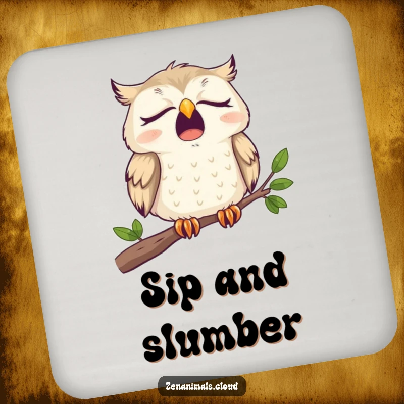 Funny Coaster featuring a sleepy owl yawning widely on a branch, protecting surfaces with humor and relatability.