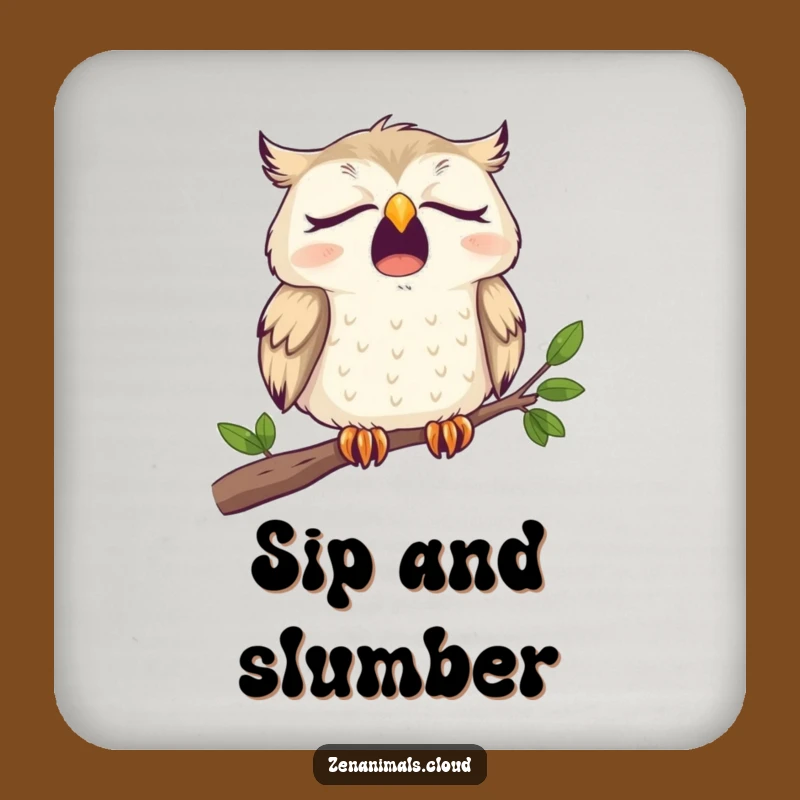 Funny Sleepy Owl Coaster: Wide Yawn on Branch, Humorous Tabletop Gift