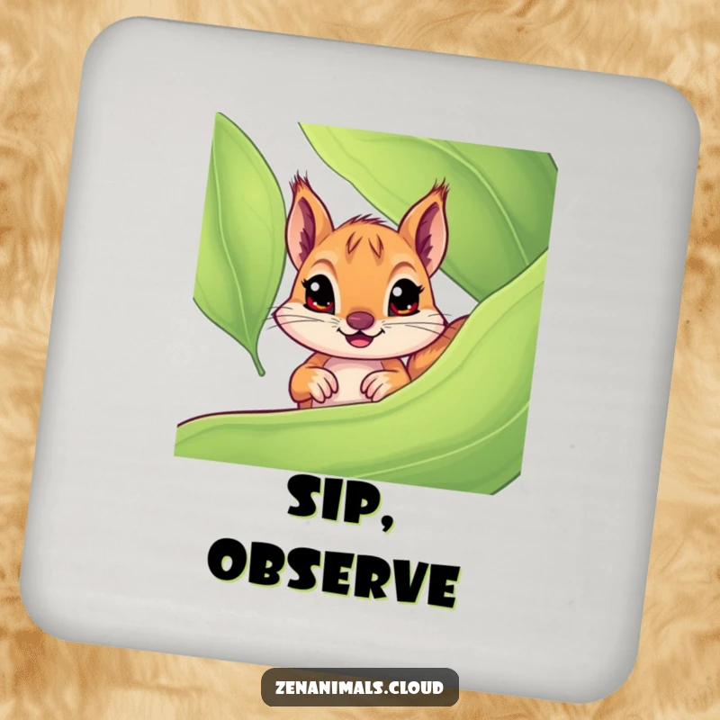 Funny squirrel drink coaster with a curious squirrel peeking from the edge, wide eyes looking up, protecting surfaces humorously.