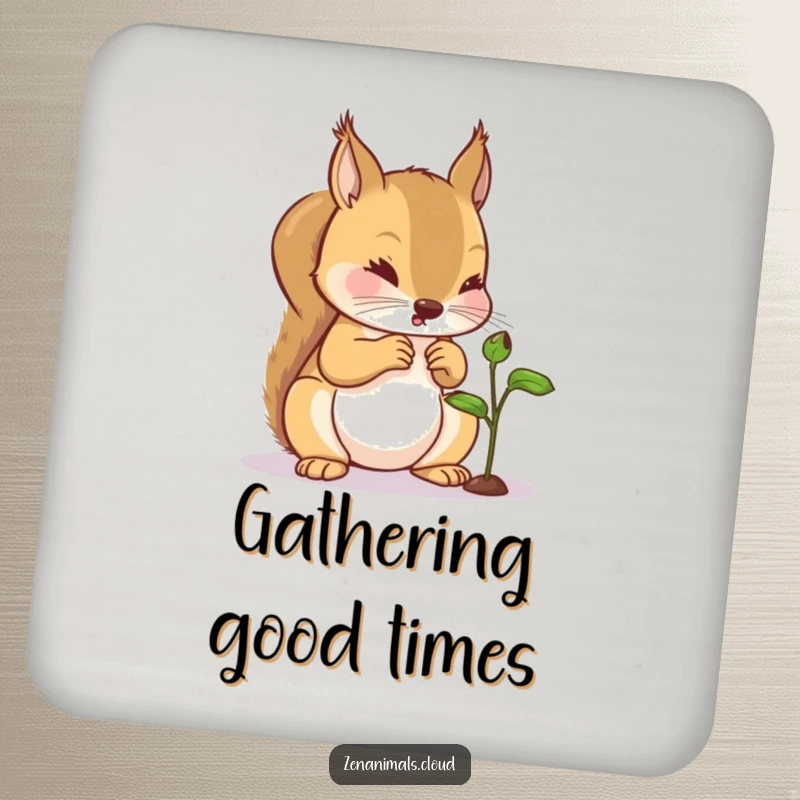 Funny Squirrel Coasters: A set of coasters featuring a curious squirrel examining a tiny sprout, adding humorous nature charm to surfaces.