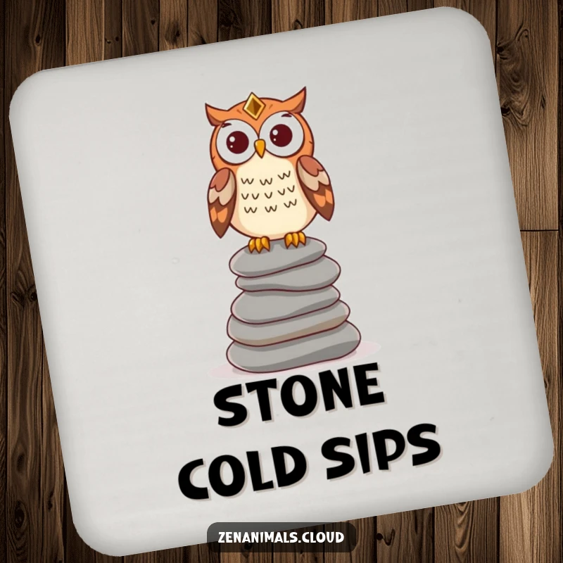 Funny wise owl coasters featuring an owl perched on stones, protecting surfaces with humorous and wise flair.