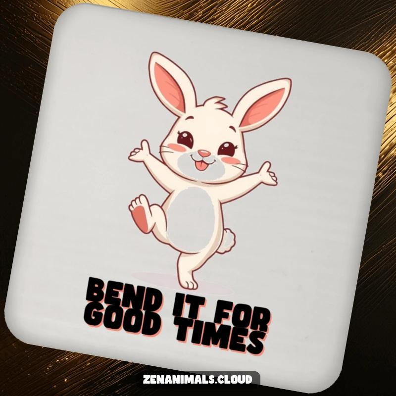 Funny Bunny Coasters: A cheerful bunny in a playful yoga pose with one leg extended, protecting surfaces with humor.