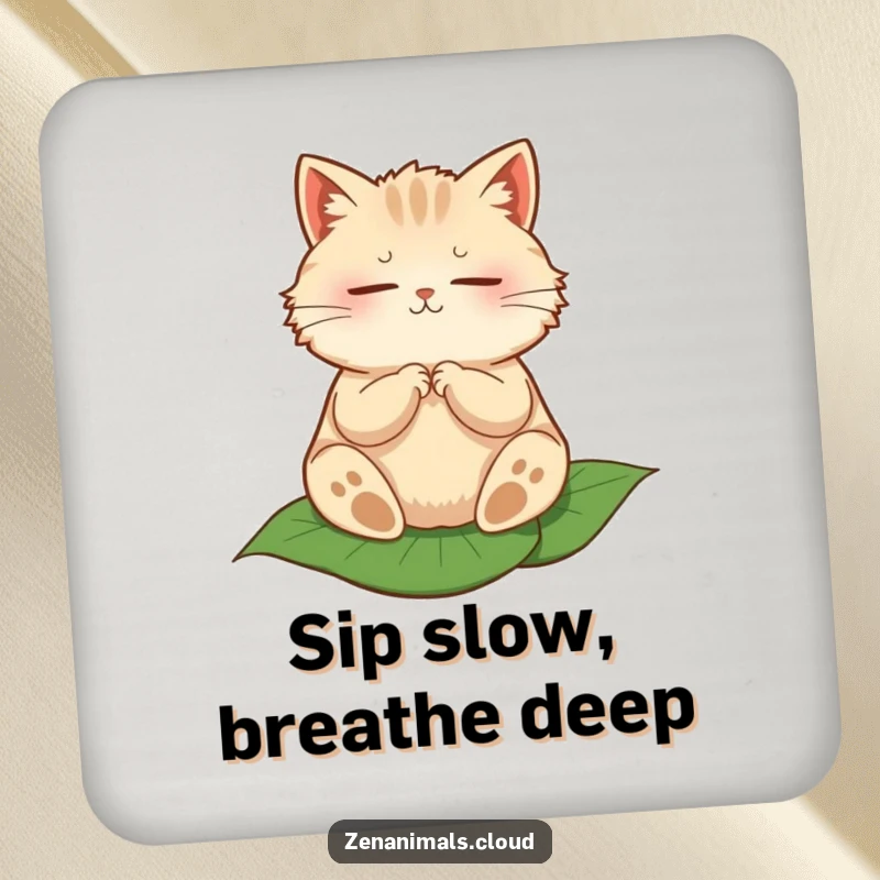 Funny drink coaster featuring a round, fluffy cat meditating peacefully on a leaf, adding zen to tabletops.