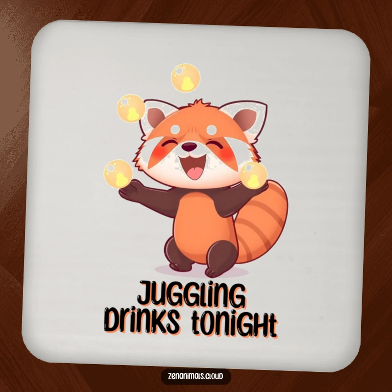 Funny red panda drink coasters with a design of a red panda enthusiastically juggling three glowing orbs with a wide smile.