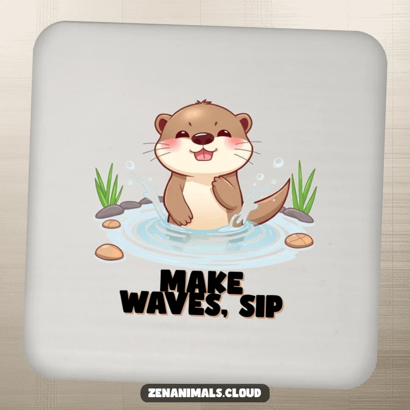 Funny playful otter splashing water in a serene pond with much glee, absorbent and decorative.