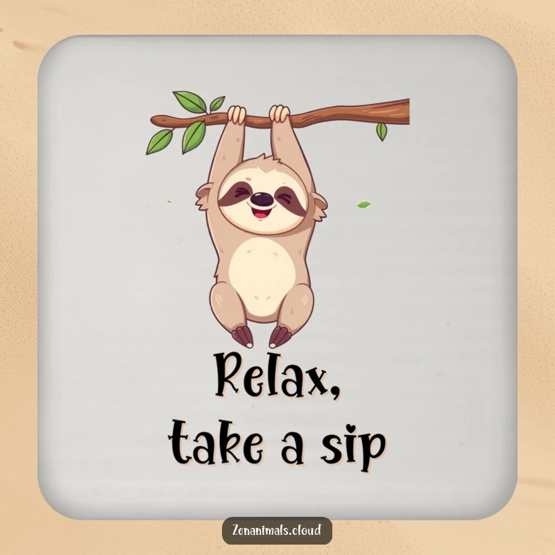 Funny drink coaster featuring a giggling sloth hanging upside down, protecting surfaces with a dose of whimsical humor.