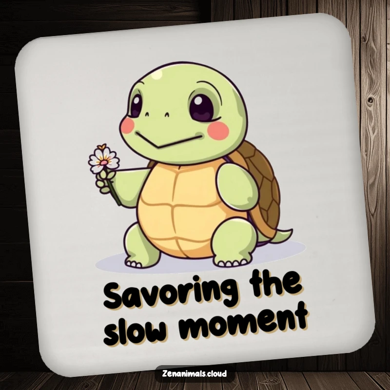 Funny drink coaster with a wise turtle presenting a tiny flower, providing surface protection with a humorous and decorative touch.