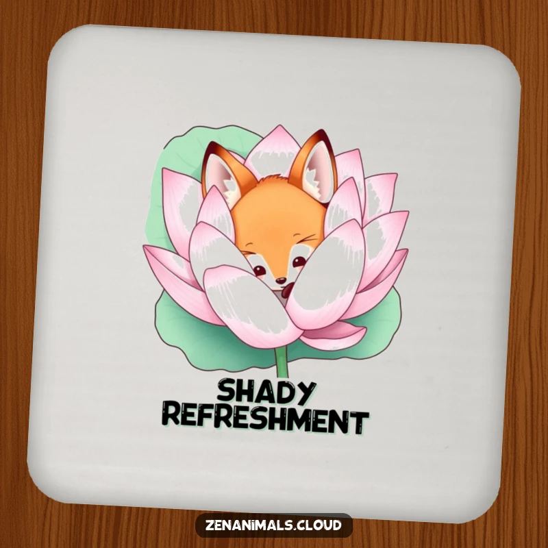 Funny curious fox peeking from a lotus flower coasters, a set providing mystical protection and enchanting decor.
