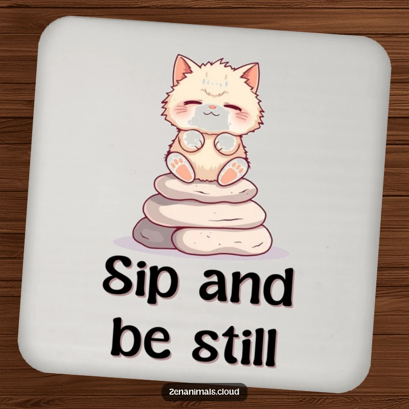 Funny Cat Coaster: Fluffy cat meditating on stone stack, eyes closed, protecting surfaces with humor.