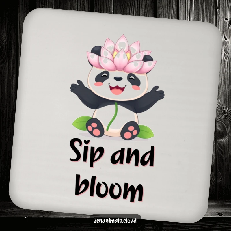 Funny panda lotus drink coasters, set protecting surfaces with a panda balancing a flower, humorous and functional.