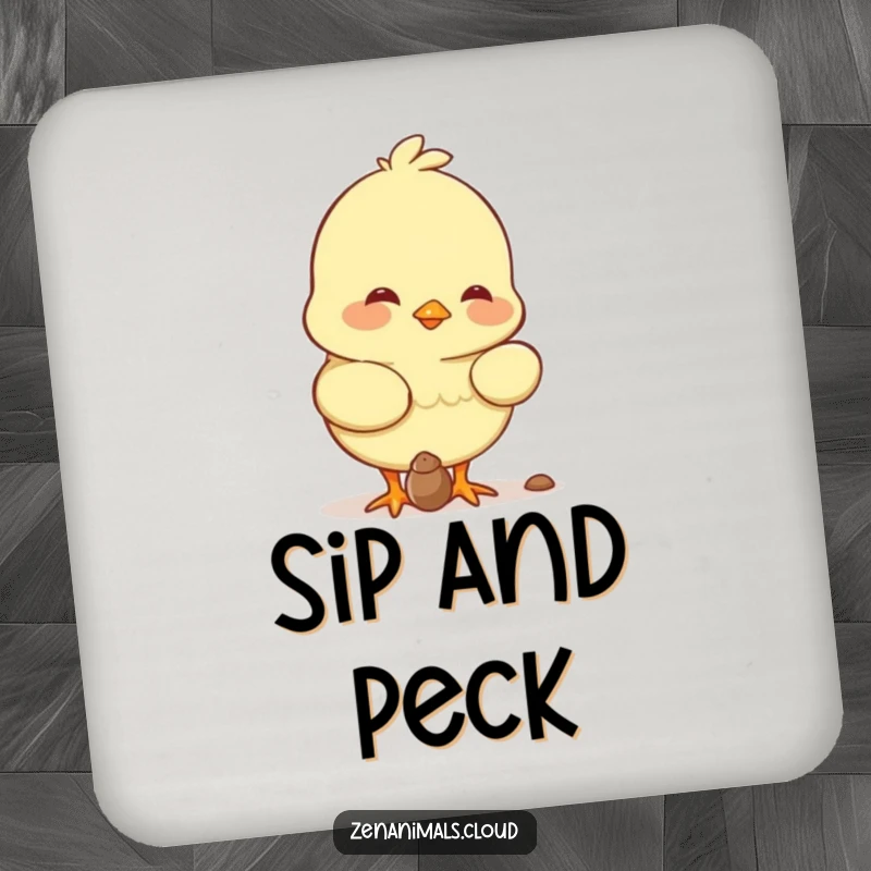 Funny chick character pecking a seed with a soft smile, featured on this protective, humorous drink coaster.