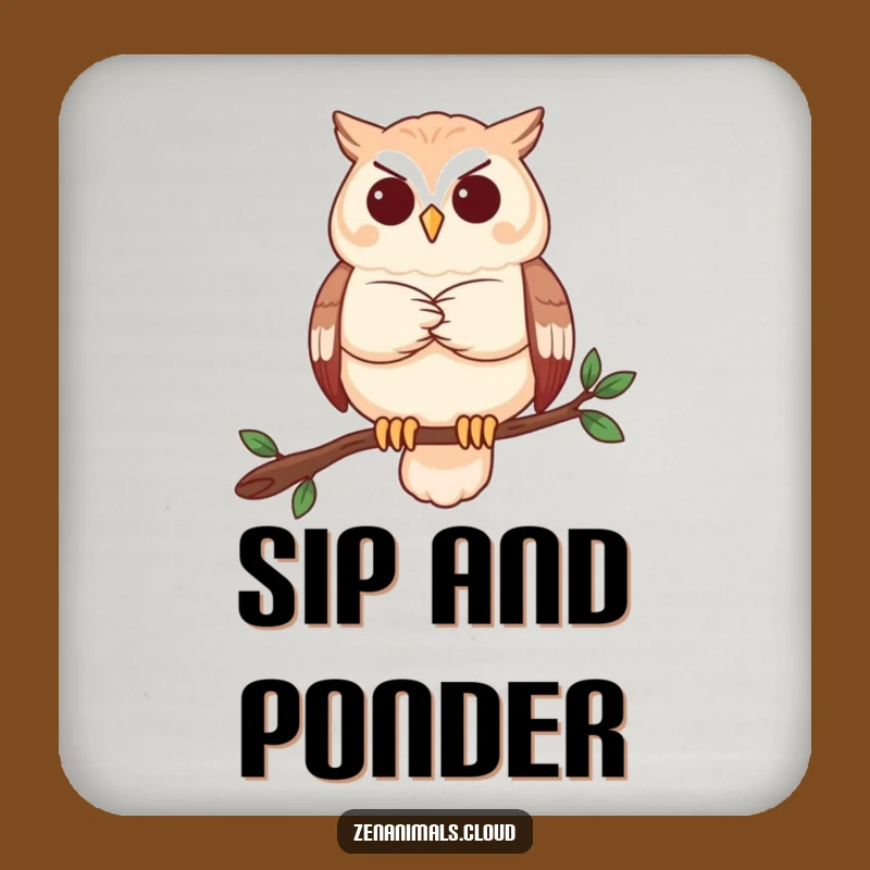 Funny Owl Contemplation Drink Coaster: Wise Thinker Table Protector, Humorous Gift