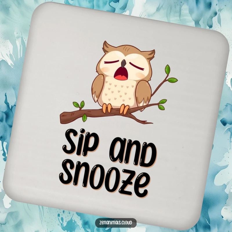 Funny drink coaster with an illustration of a cartoon owl looking incredibly sleepy and letting out a huge yawn.