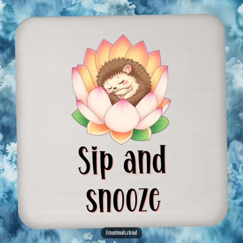 Funny Hedgehog Coaster: A serene hedgehog sleeps in a lotus flower, protecting surfaces with peaceful and calming charm.